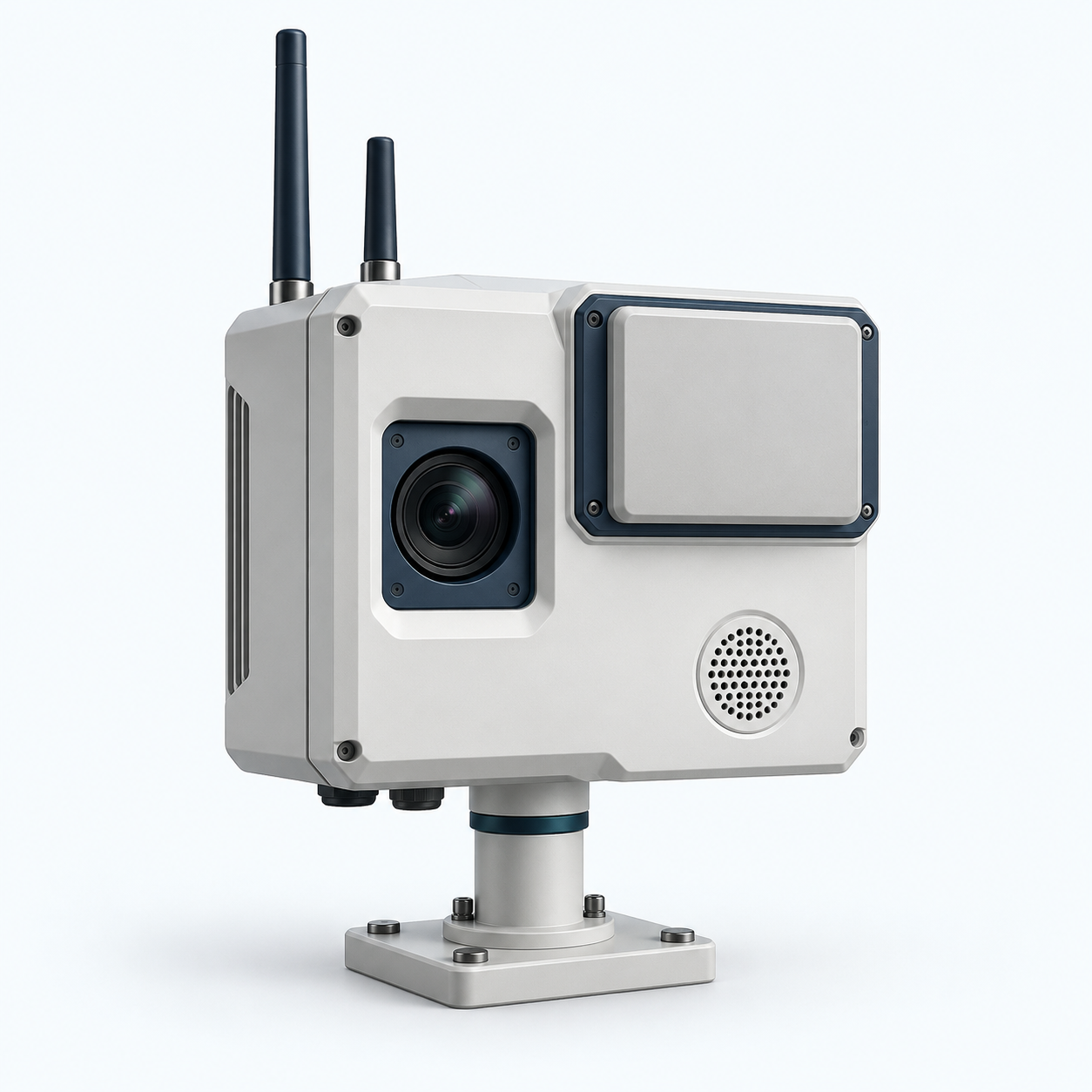 Conceptual box-shaped sensor node on a short mount, with RF antennas, a passive-radar receiving panel, a camera lens and an acoustic microphone grille.